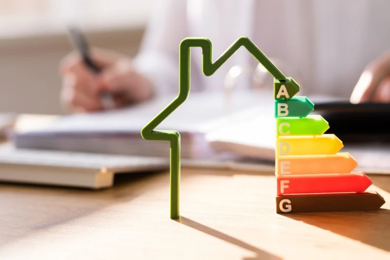 Représentation d'une maison avec les différentes valeurs de la performance énergétique d'un bâtiment et un homme à l'arrière qui calcule son PEB